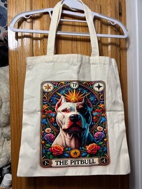 The Pitbull Canvas Tote Bag - Cream with Decorative Dog Art